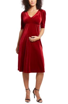 Ingrid & Isabel Velvet V-Neck Midi Maternity Dress in Bright Crimson