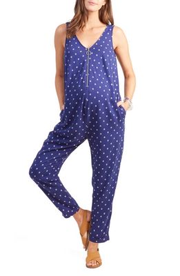 Ingrid & Isabel Zip Front Maternity/Nursing Jumpsuit in Indigo Arrow Print