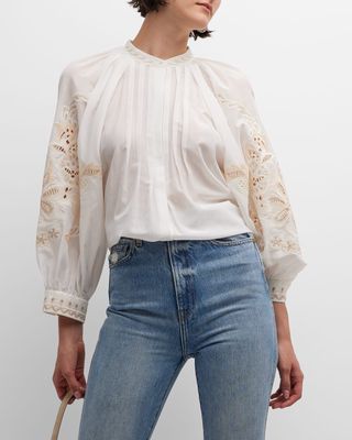 Ingrid Floral-Embroidered Pintuck Blouse