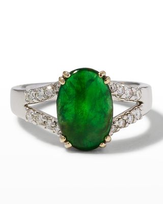 Intense Green Jade Oval Ring in White Gold and Diamond