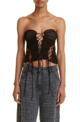 Interior Bea Strapless Lace-Up Bustier Top in Matte Black