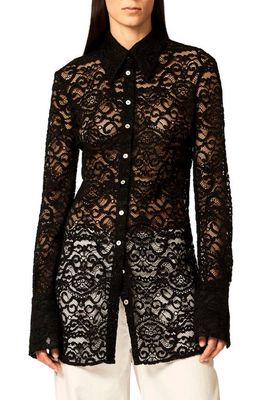 Interior The Emma Sheer Floral Lace Button-Up Shirt in Black