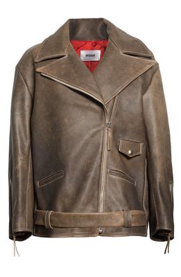 Interior The Lido Belted Leather Biker Jacket in Tabac Brown