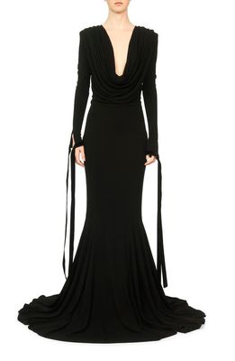 Interior The Shep Plunge Neck Long Sleeve Gown with Train in Midnight