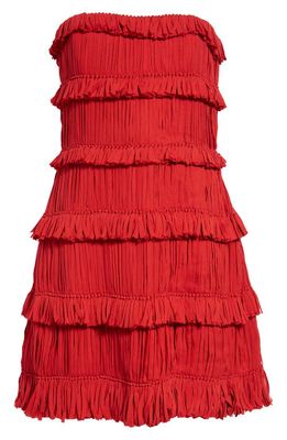 Interior Valencia Pleated Tiered Strapless Silk Minidress in Crimson