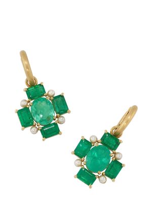 Irene Neuwirth 18kt yellow gold Gemmy Gem Mosaic emerald and Akoya pearl huggie earrings