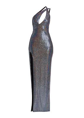 Iridescent One-Shoulder Slit Column Gown