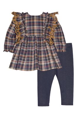 Iris & Ivy Embroidered Ruffle Plaid Top & Leggings Set in Navy