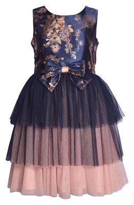 Iris & Ivy Kids' Foiled Floral Print Tiered Party Dress in Navy