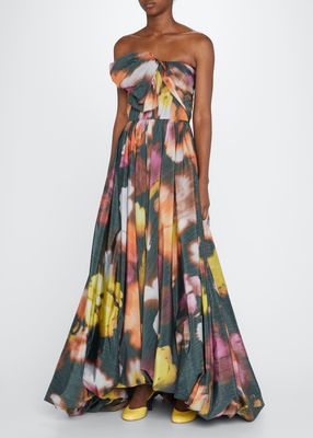 Iris Floral Warp-Print Strapless High-Low Gown