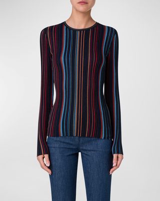 Irregular Striped Long-Sleeve Fitted Sweater