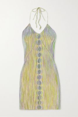 Isa Boulder - Ripped Seams Cutout Ribbed Striped Stretch-knit Halterneck Mini Dress - Green