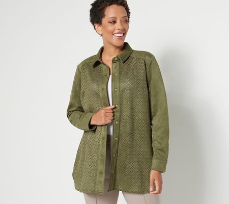 Isaac Mizrahi Live! Faux Suede Shacket with Perforated