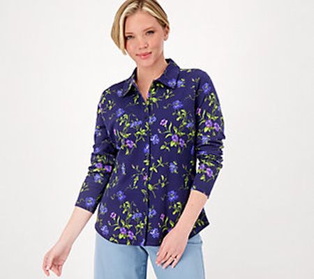 Isaac Mizrahi Live] Printed Pima Cotton Button Front Collared