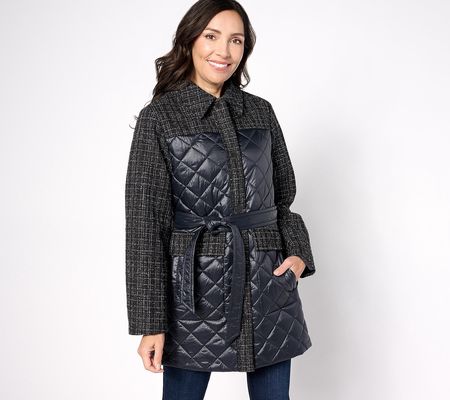 Isaac Mizrahi Live! Quilted Belted Coat w/ Tweed Accents