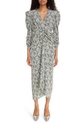 Isabel Marant Albini Abstract Print Ruched Stretch Silk Midi Dress in Ecru