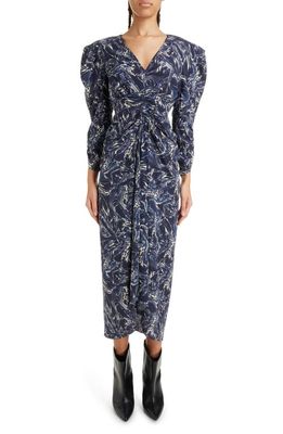 Isabel Marant Albini Marble Print Ruched Silk Dress in Midnight