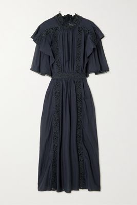Isabel Marant Étoile - Galina Gathered Guipure Lace-trimmed Cotton-blend Voile Midi Dress - Blue