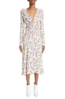 Isabel Marant Janevea Floral Print Twist Front Long Sleeve Midi Dress in White