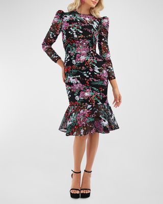 Isabel Puff-Shoulder Floral Sequin Midi Dress