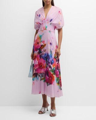 Isabel Watercolor Floral-Print Short-Sleeve Pleated-Waist Midi Dress