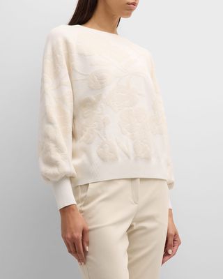 Isernia Blouson-Sleeve Floral Jacquard Sweater