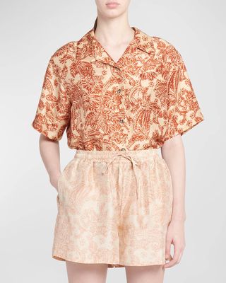 Isoble Woodblock Botanic-Print Silk Short-Sleeve Shirt