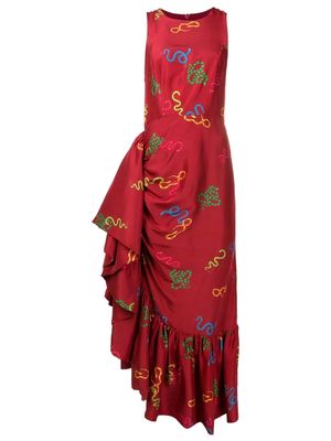 Isolda Ariel motif-print ruffled silk dress - Red