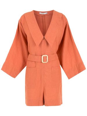 Isolda belted-waist V-neck playsuit - Orange