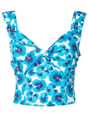 Isolda pleated floral-print cropped top - Blue
