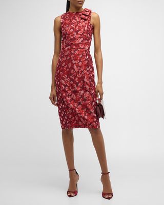 Italian Floral Geo Collage Jacquard Bow Sleeveless Dress