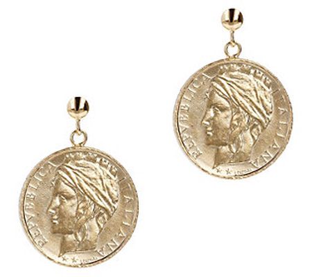 Italian Gold 100 Lire Coin Dangle Earrings, 14K