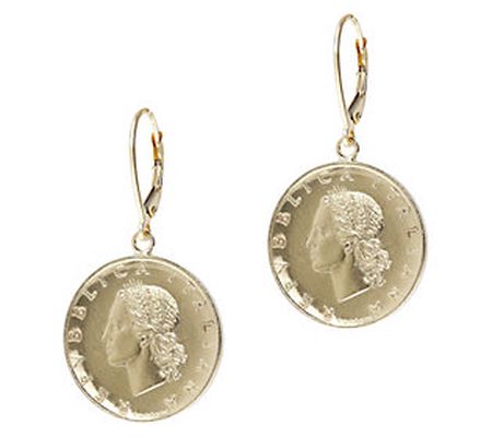 Italian Gold 20 Lire Coin Dangle Earrings, 14K