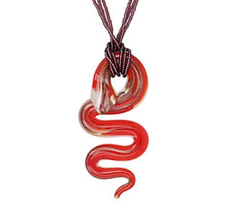 Italian Gold Murano Glass Snake Pendant w/ B ea d Chain, 14K