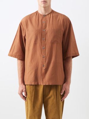 Itoh - Collarless Chest-pocket Cotton-blend Shirt - Mens - Brown