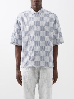 Itoh - Patchworked Striped Cotton Shirt - Mens - Blue Multi