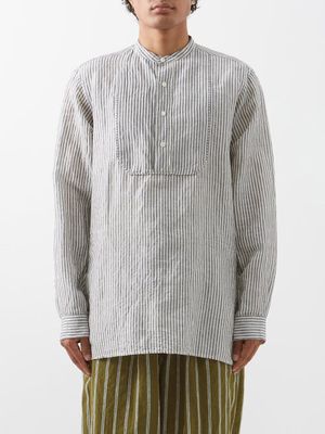 Itoh - Striped Linen-voile Henley Shirt - Mens - Grey Multi