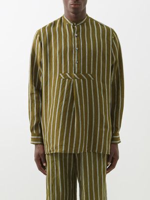 Itoh - Striped Linen-voile Henley Shirt - Mens - Olive