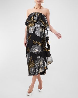 Itsuki Strapless Floral-Print Ruffle Midi Dress