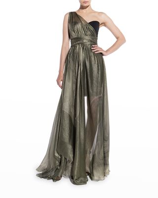 Ivonne Metallic Marble-Print One-Shoulder Gown