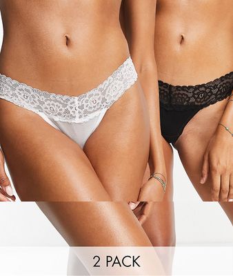 Ivory Rose 2 pack mesh and lace trim thong in black and white-Multi