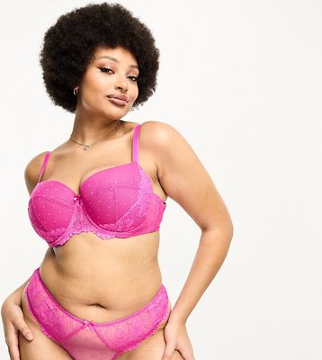 Ivory Rose Curve lace and textured mesh molded balconette bra in pink