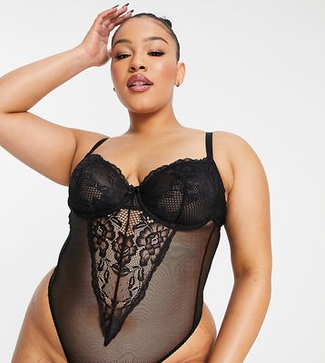 Ivory Rose Curve lace underwired mesh thong bodysuit in black