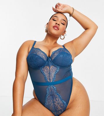Ivory Rose Curve lace underwired mesh thong bodysuit in teal-Green