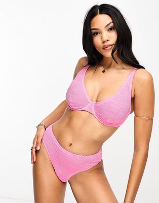Ivory Rose Fuller Bust crinkle scoop front high apex bikini top in bright pink