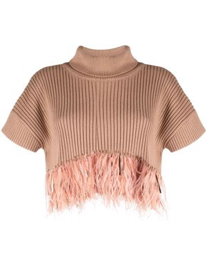 Izaak Azanei feather-trim cropped blouse - Brown