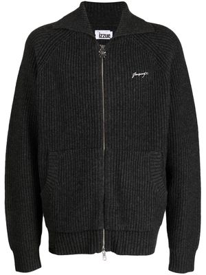 izzue logo-embroidered knitted bomber jacket - Black