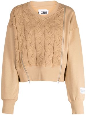 izzue V-neck long-sleeve cable-knit jumper - Brown