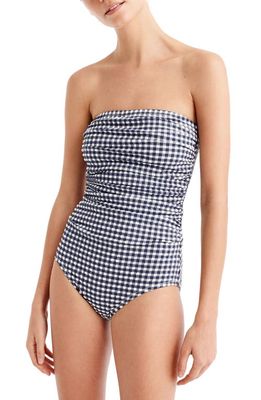 J.Crew Gingham Strapless One-Piece Swimsuit in Navy Ivory