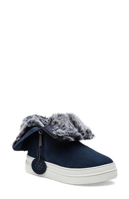 J/SLIDES NYC JSlides Tristan Faux Fur Platform Sneaker Bootie in Navy Suede Nvsw5